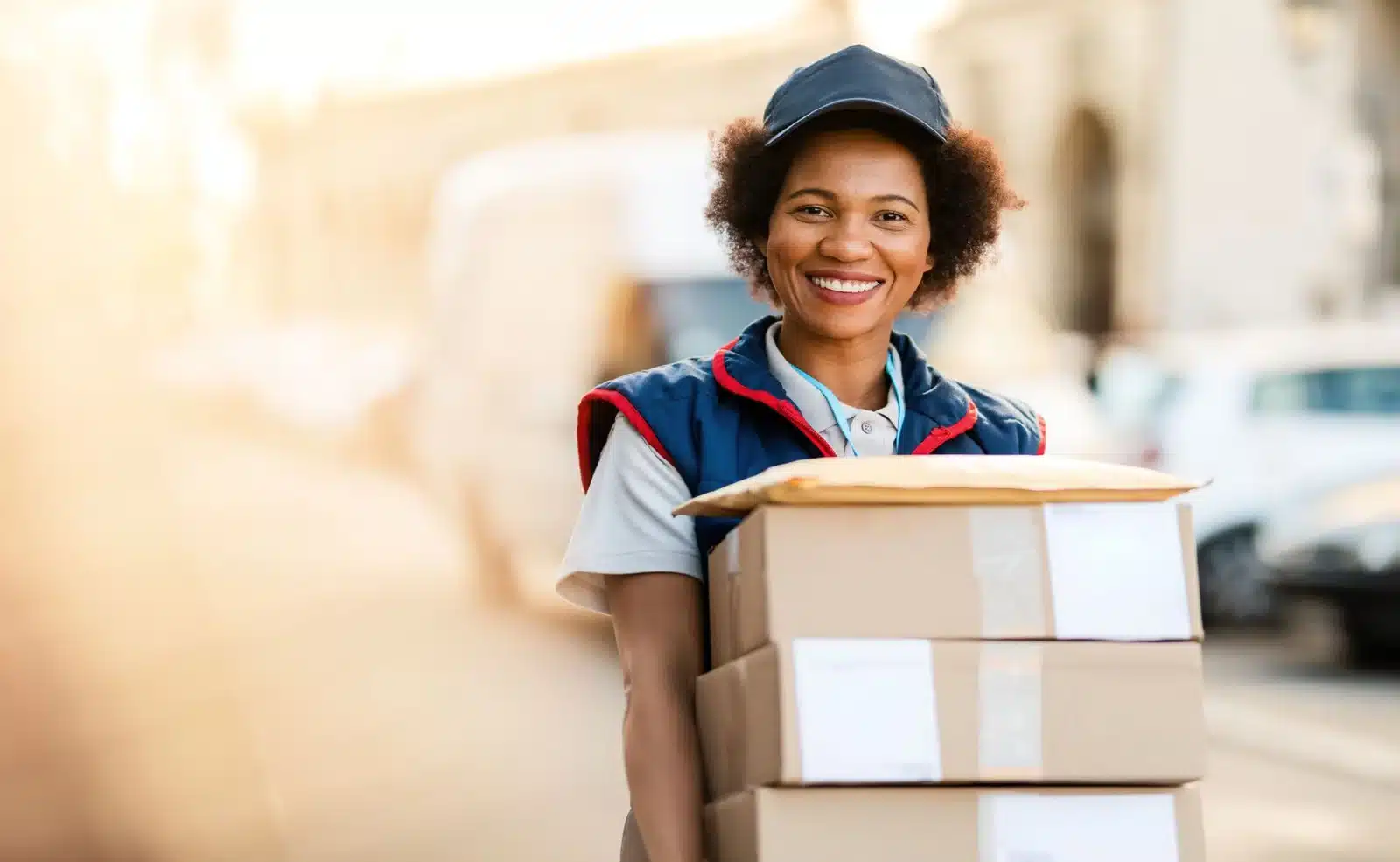 USPS postal worker carrying packages on the job